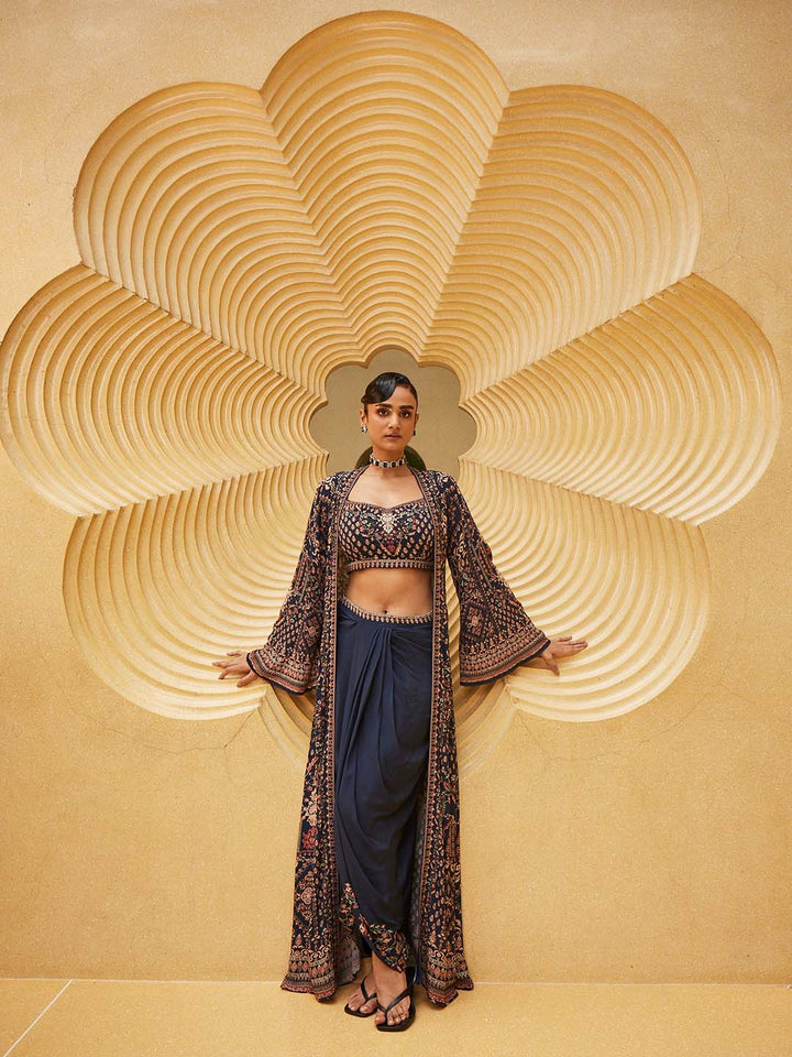 Printed Crepe Choli With Drape Dhoti &amp; Dupatta