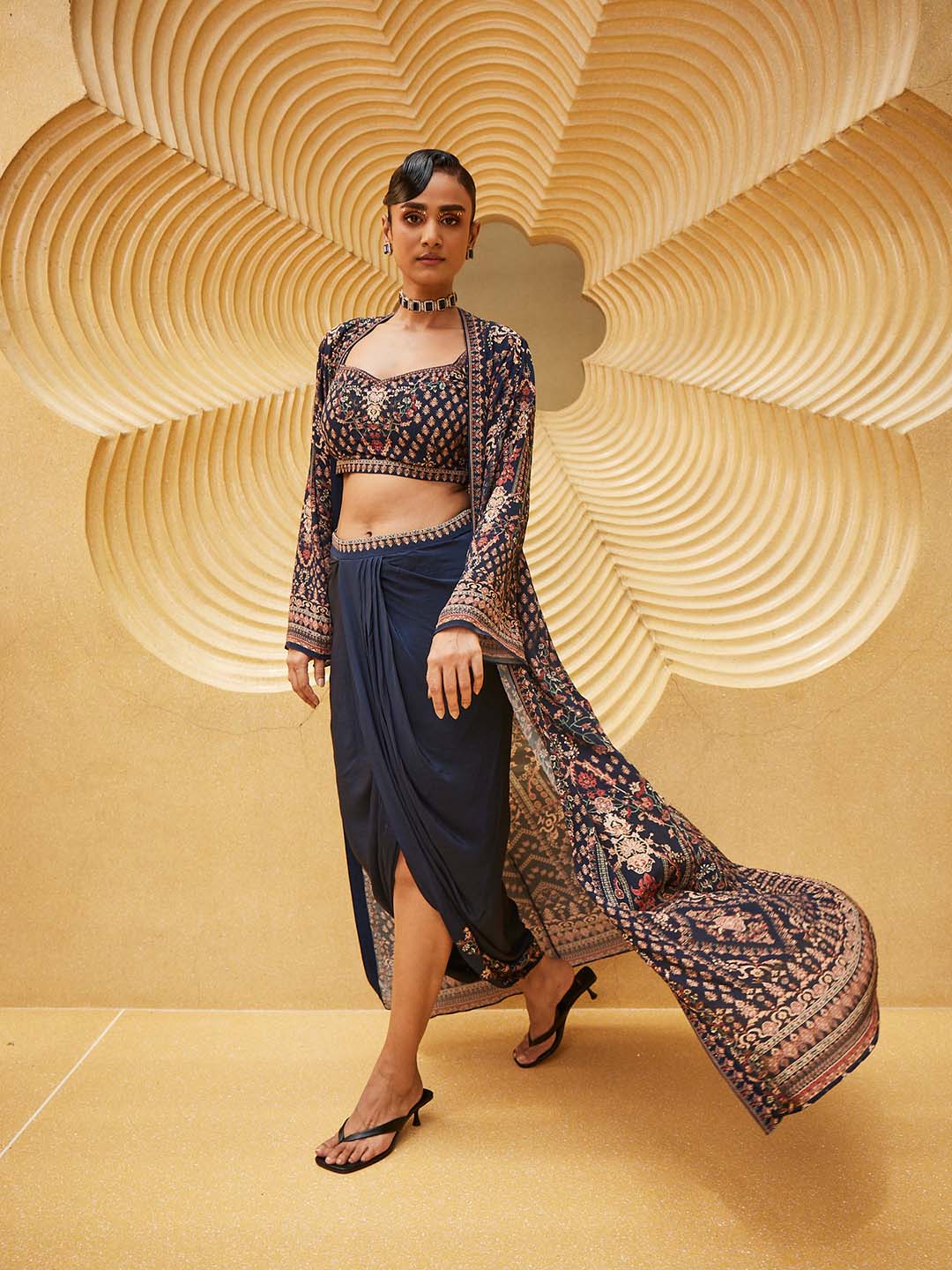 Printed Crepe Choli With Drape Dhoti &amp; Dupatta