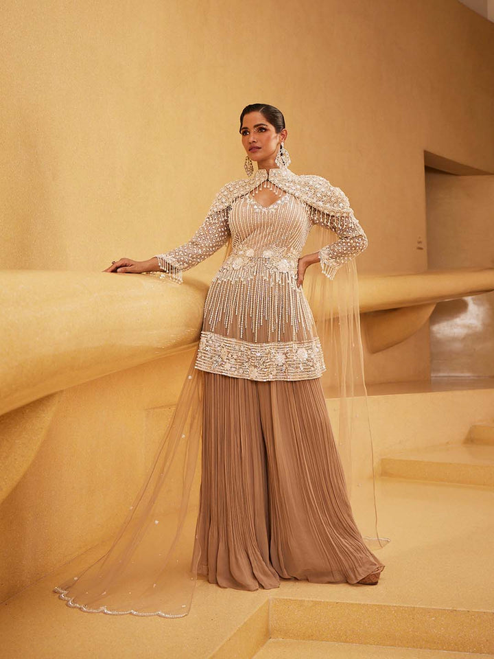 Embroidered Net Kurti With Palazzo &amp; Dupatta