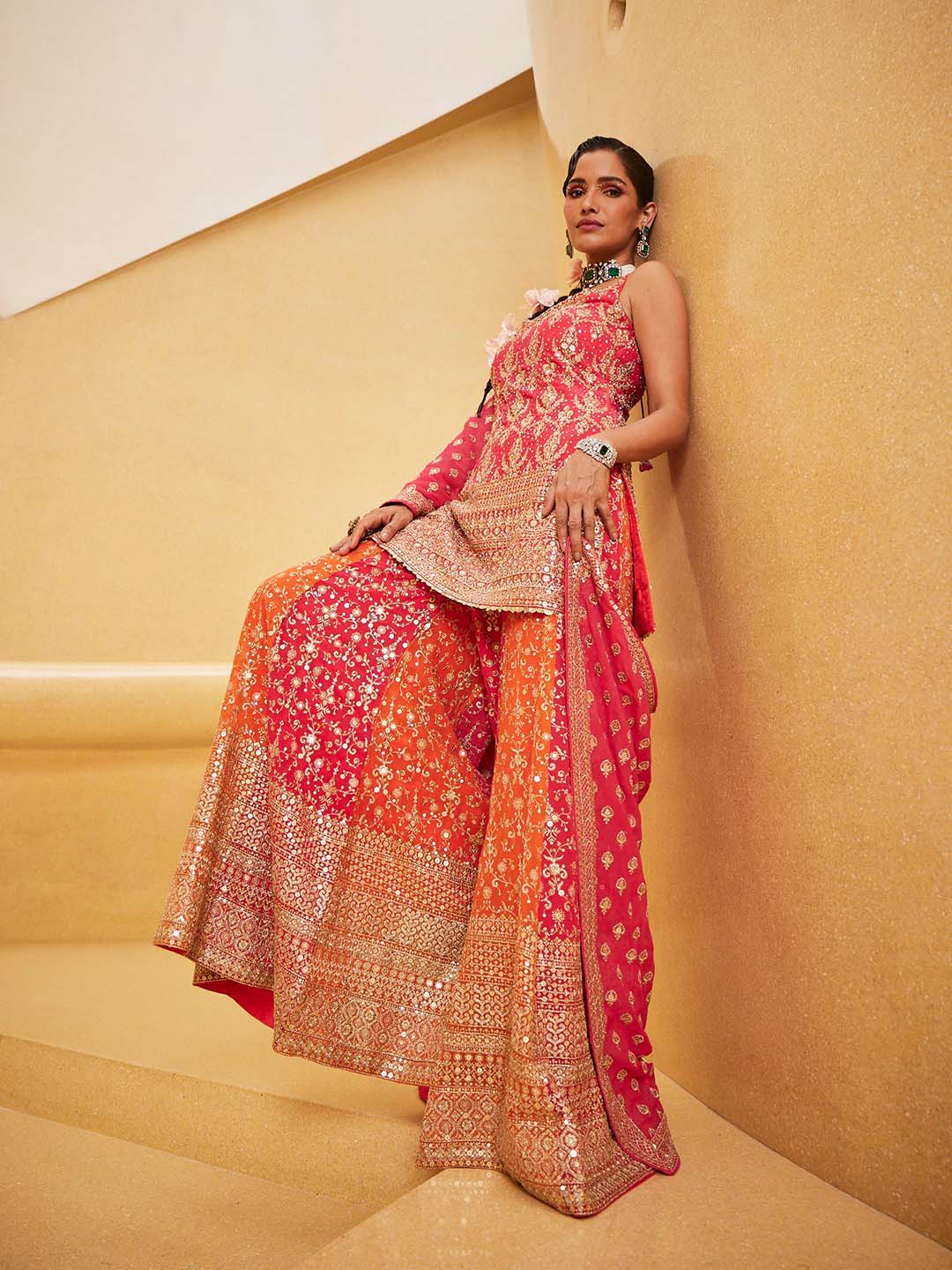 Zari Embroidered Georgette Kurti With Palazzo &amp; Dupatta