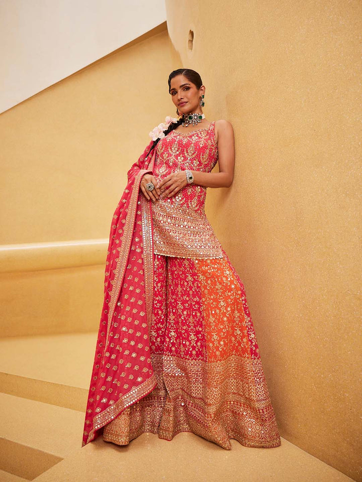 Zari Embroidered Georgette Kurti With Palazzo &amp; Dupatta