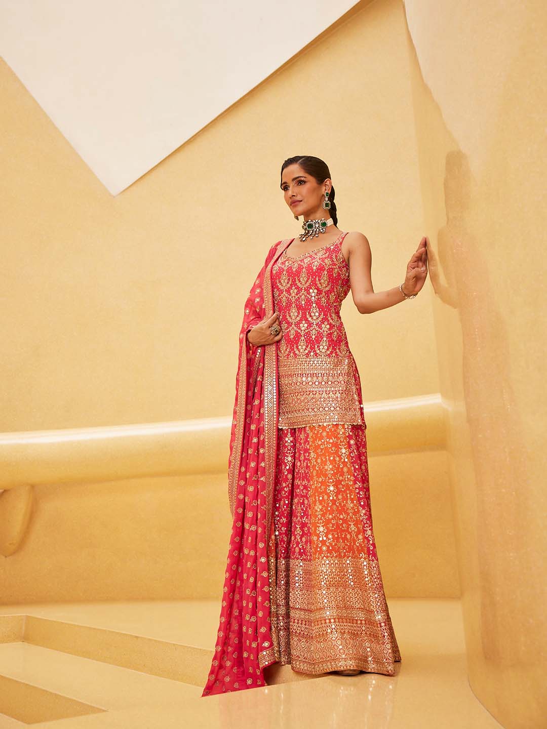 Zari Embroidered Georgette Kurti With Palazzo &amp; Dupatta