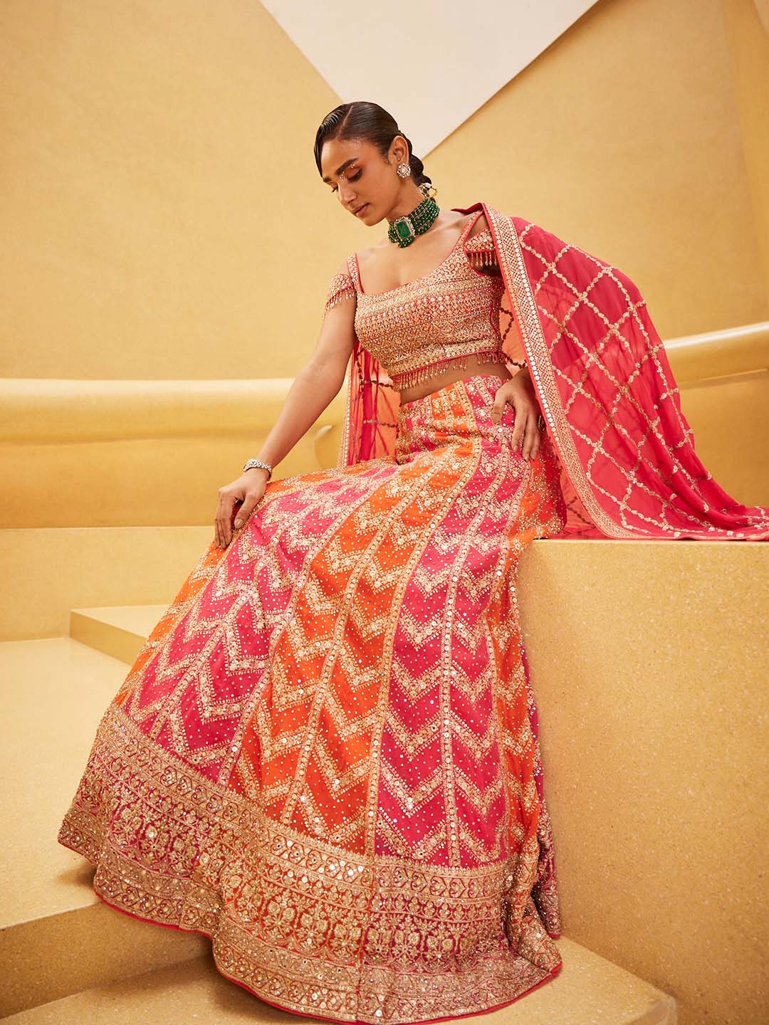 Embroidered Georgette Choli With Lehenga &amp; Dupatta