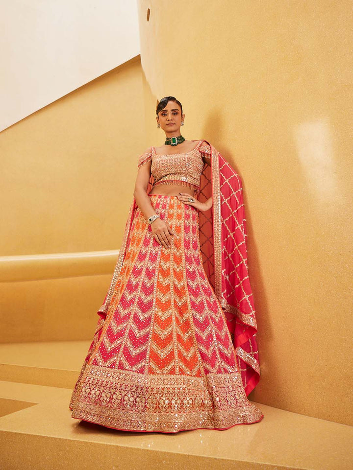 Embroidered Georgette Choli With Lehenga &amp; Dupatta