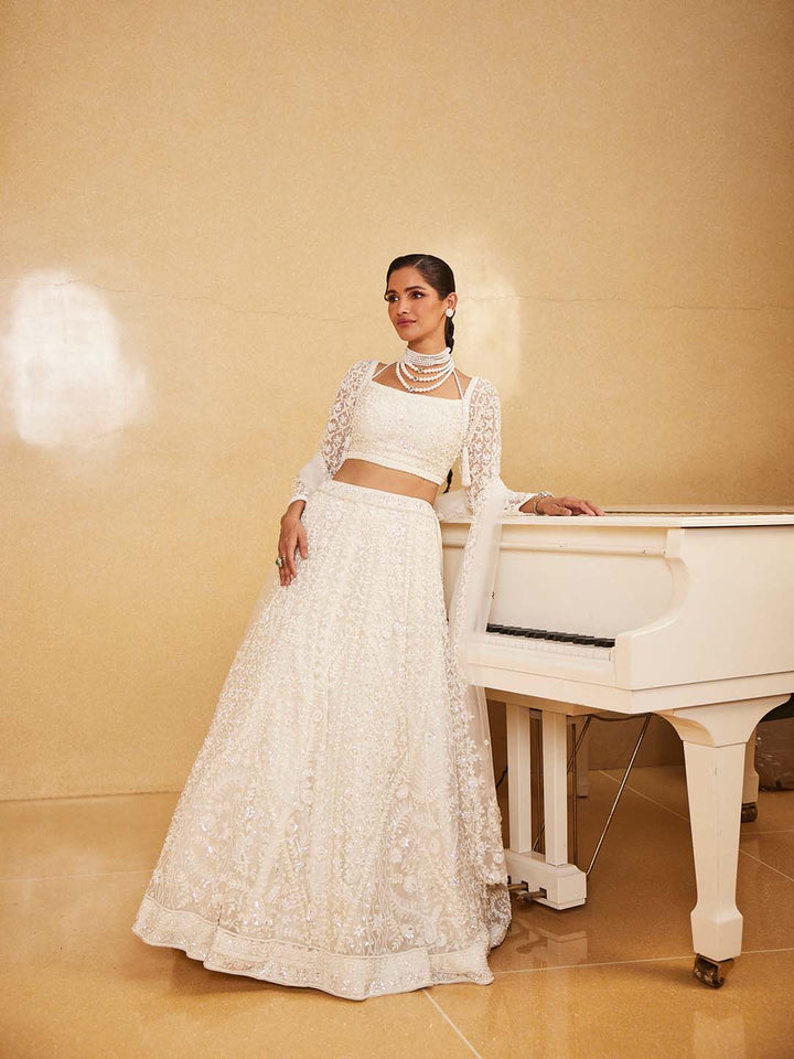 Pearl Embroidered Net Choli With Lehenga &amp; Dupatta