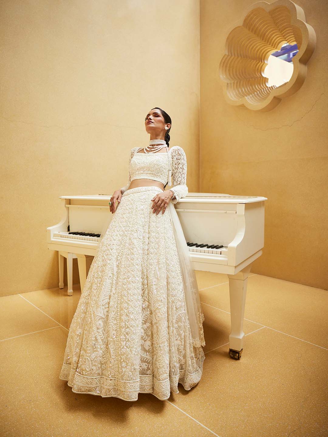 Pearl Embroidered Net Choli With Lehenga &amp; Dupatta