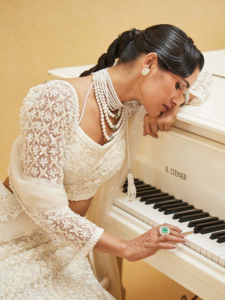 Pearl Embroidered Net Choli With Lehenga &amp; Dupatta