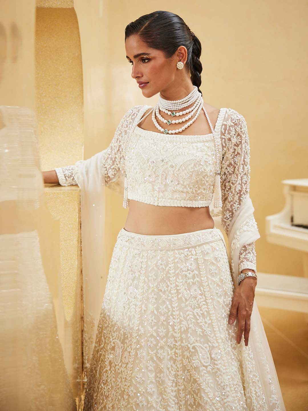 Pearl Embroidered Net Choli With Lehenga &amp; Dupatta