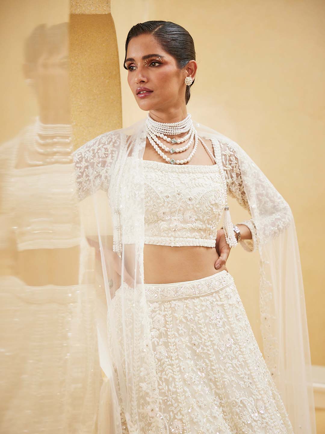 Pearl Embroidered Net Choli With Lehenga &amp; Dupatta