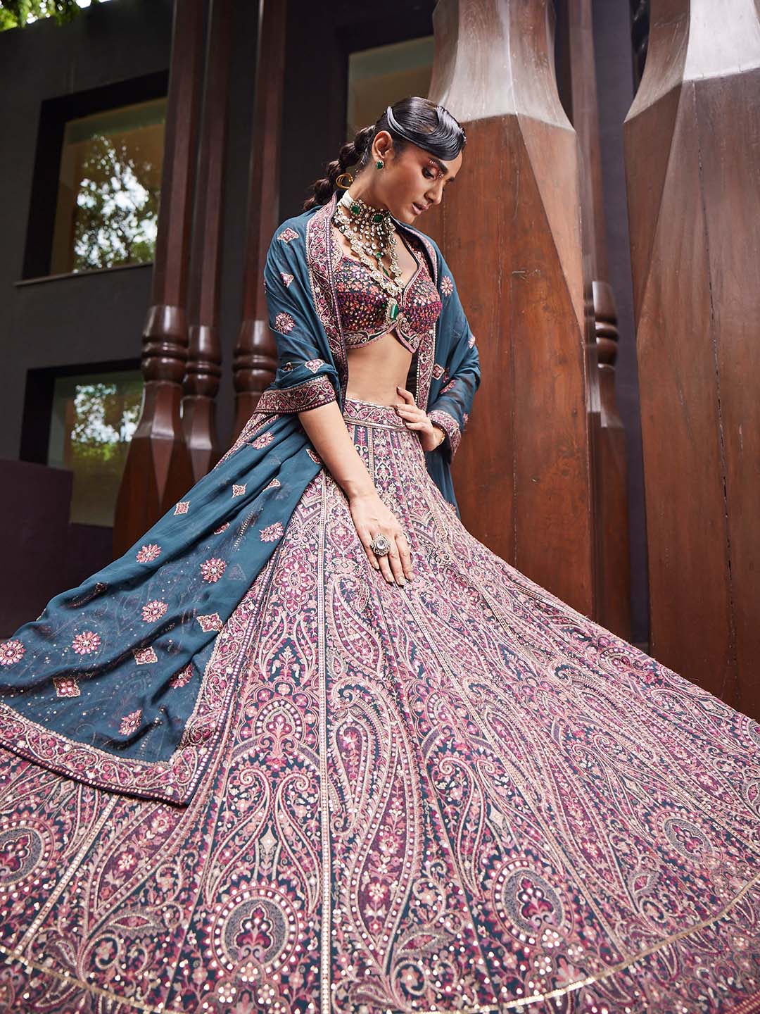 Embroidered Georgette Choli With Lehenga &amp; Dupatta