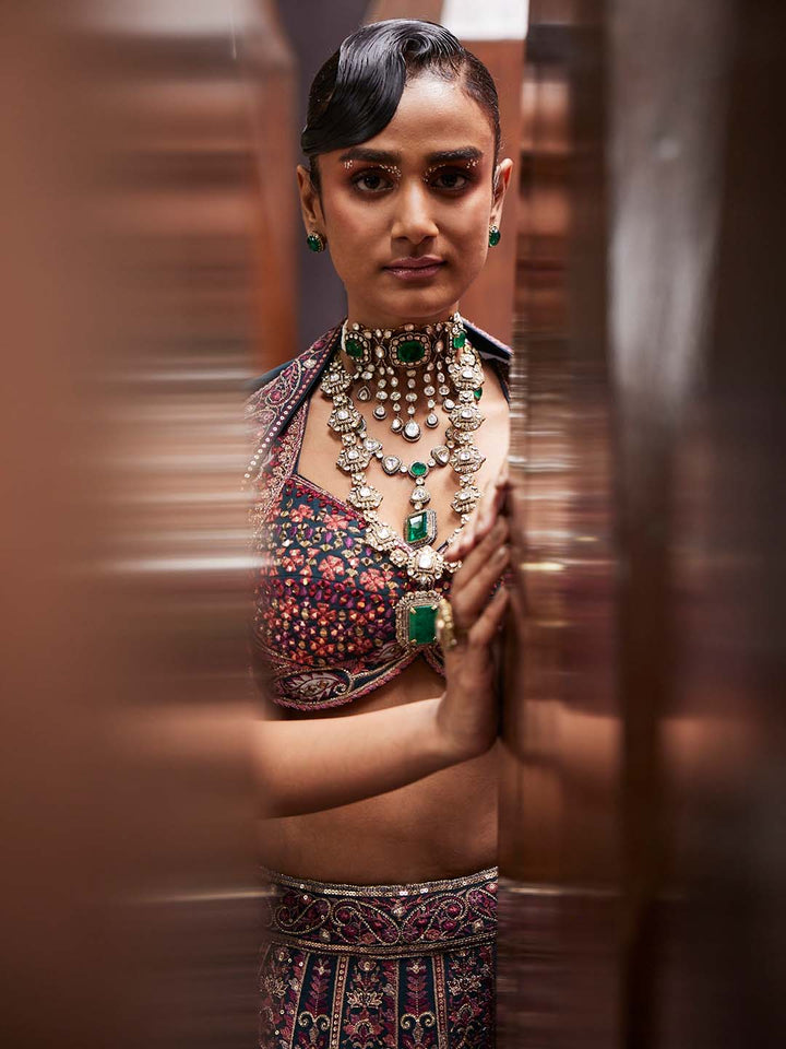 Embroidered Georgette Choli With Lehenga &amp; Dupatta
