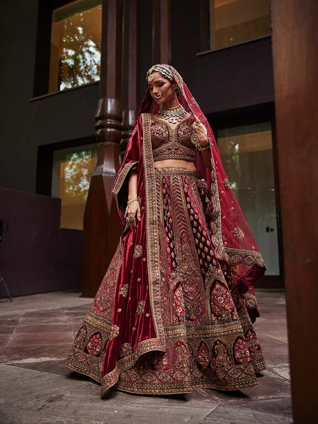 Embroidered Bridal Velvet Unstitched Choli and Lehenga With 2 Dupatta