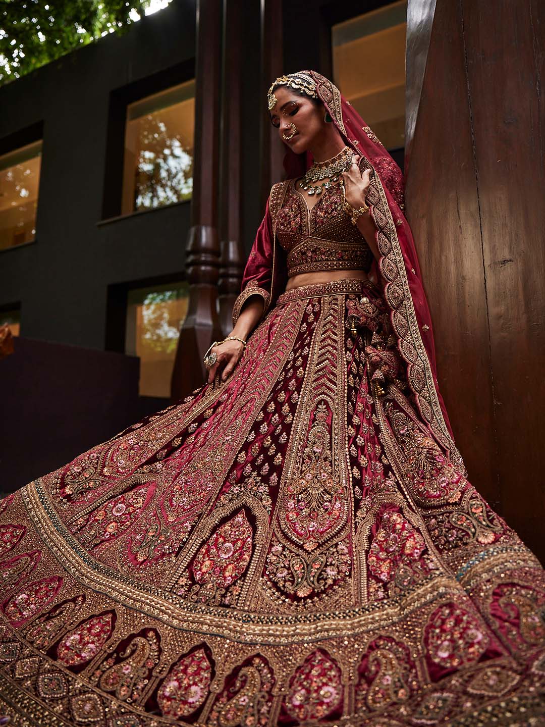 Embroidered Bridal Velvet Unstitched Choli and Lehenga With 2 Dupatta