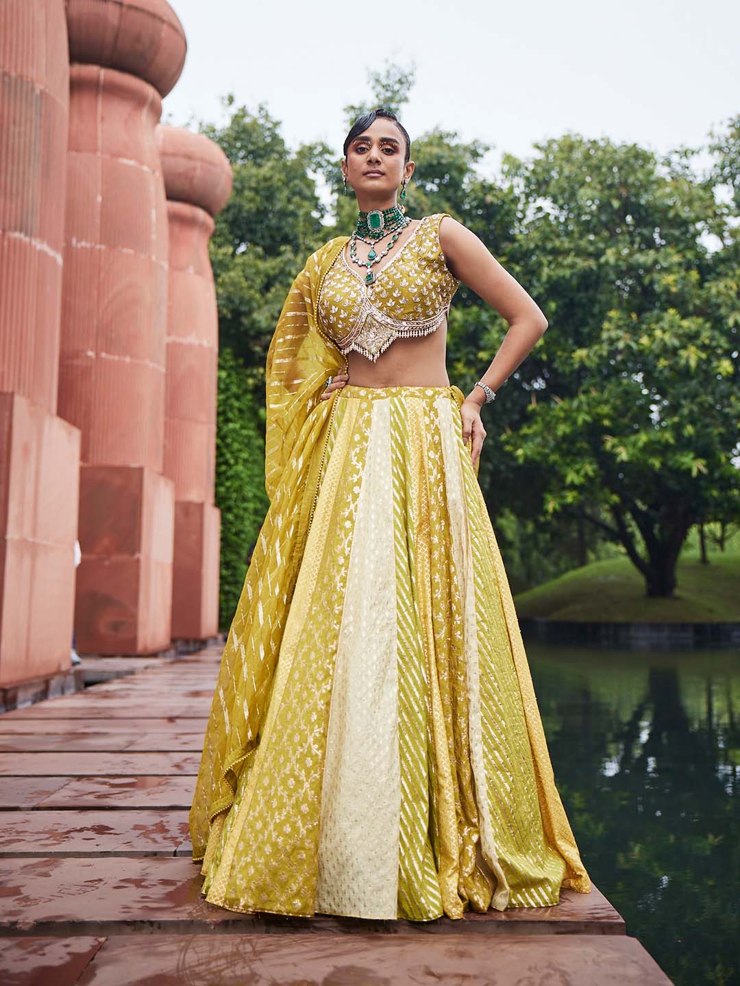 Woven Embroidered Chanderi Choli With Lehenga &amp; Dupatta