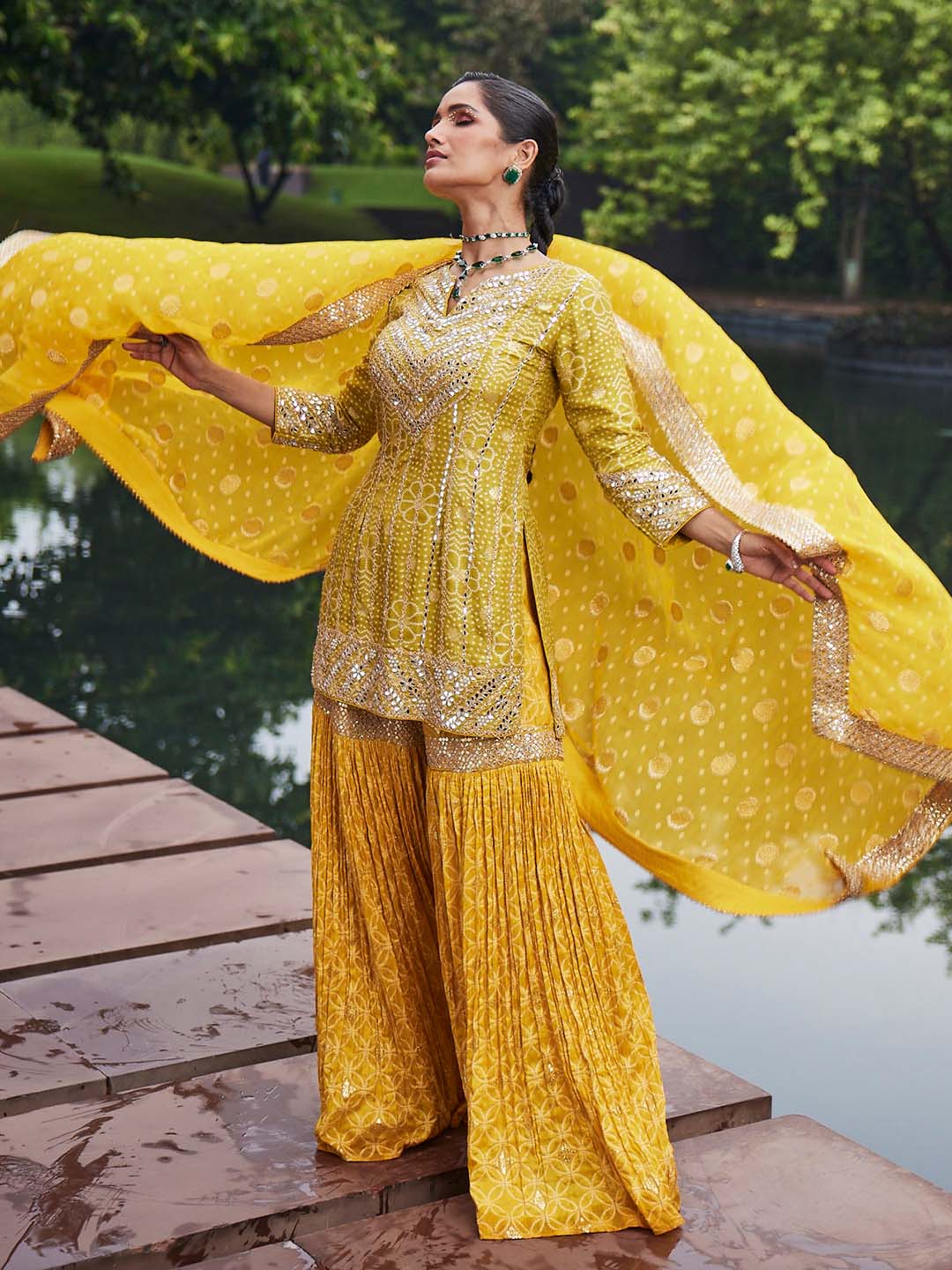 Resham Sequin Embroidered Georgette Kurti With Garara &amp; Dupatta