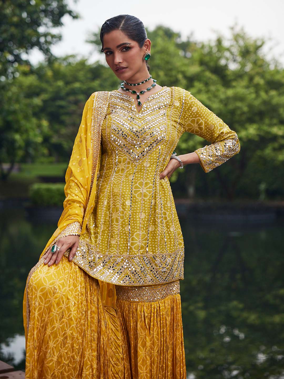 Resham Sequin Embroidered Georgette Kurti With Garara &amp; Dupatta
