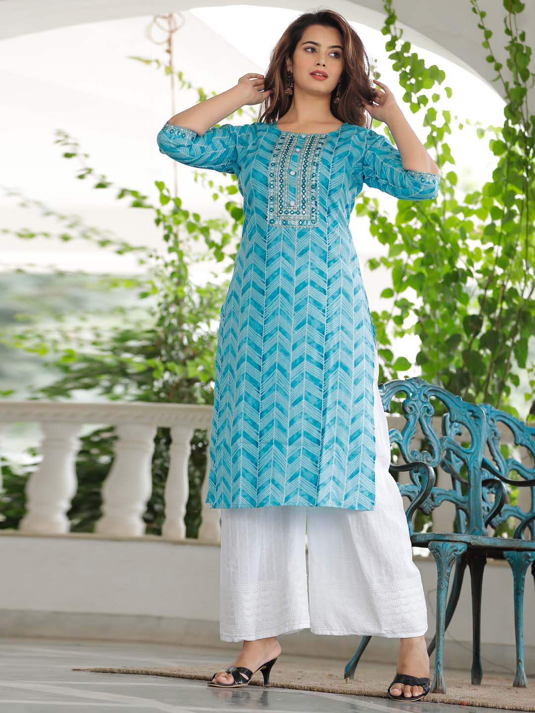 Printed Cotton Kurta With Pants &amp; Dupatta