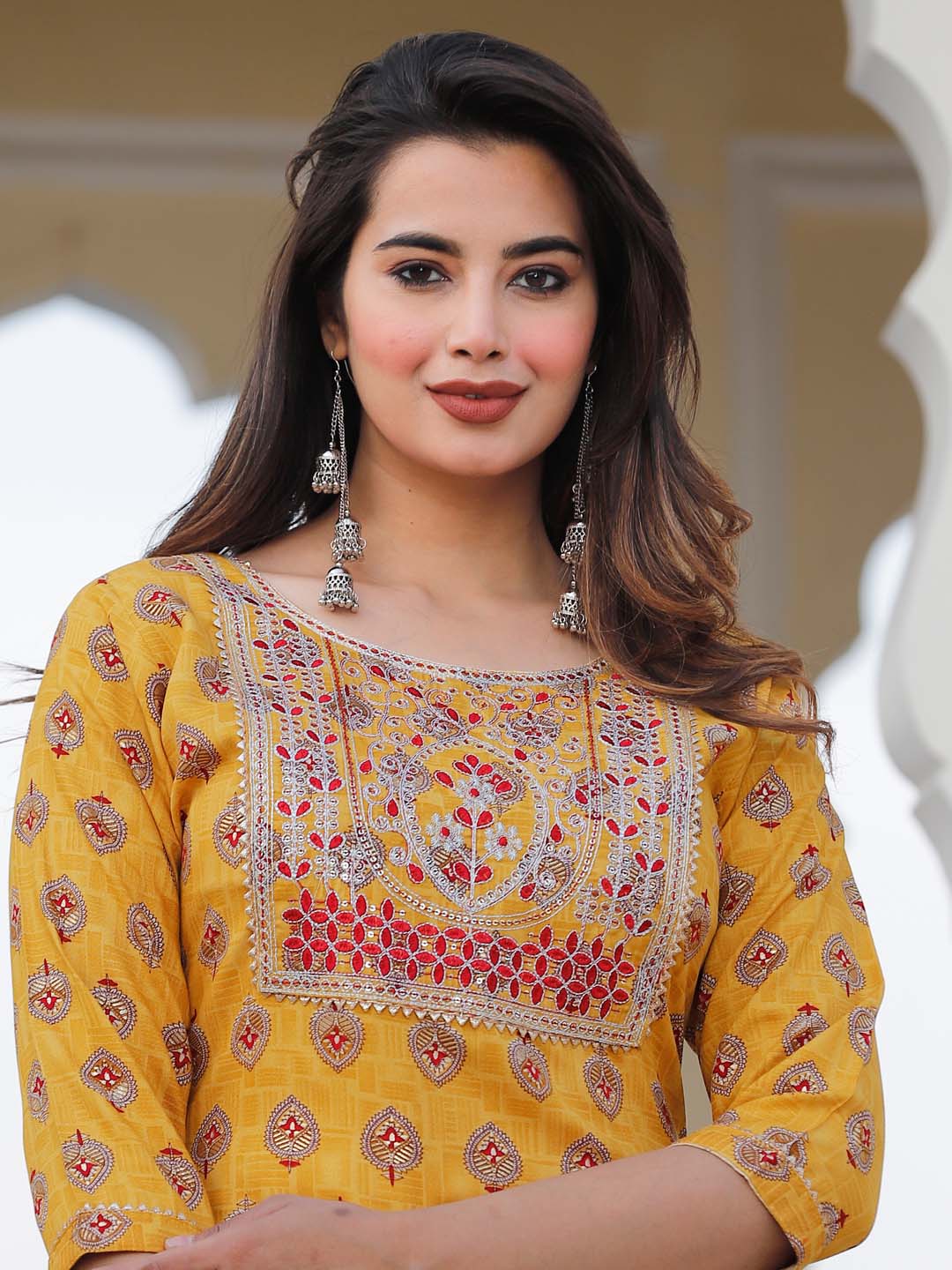 Neck Embroidered &amp; Printed Cotton Kurta With Pants