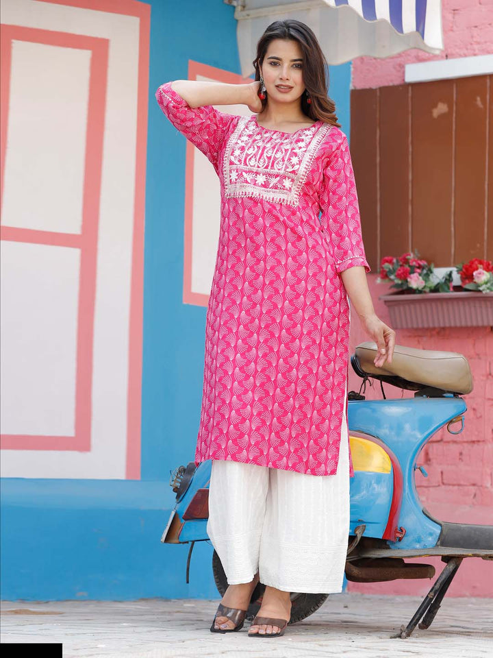 Neck Embroidered &amp; Printed Cotton Kurta With Pants