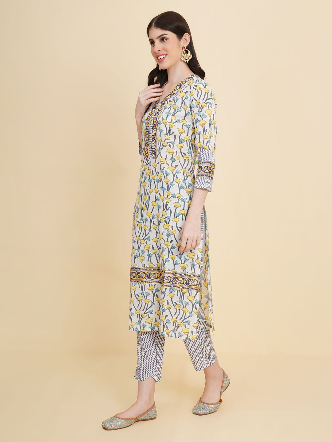 Floral Printed Cotton Kurta With Pants &amp; Dupatta