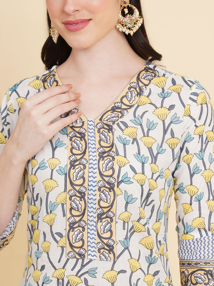 Floral Printed Cotton Kurta With Pants &amp; Dupatta