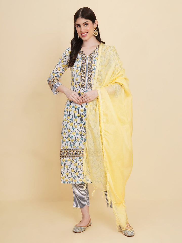Floral Printed Cotton Kurta With Pants &amp; Dupatta