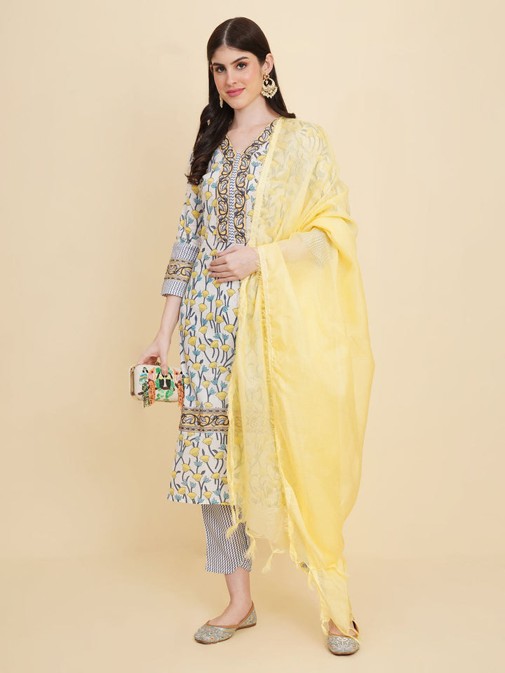 Floral Printed Cotton Kurta With Pants &amp; Dupatta