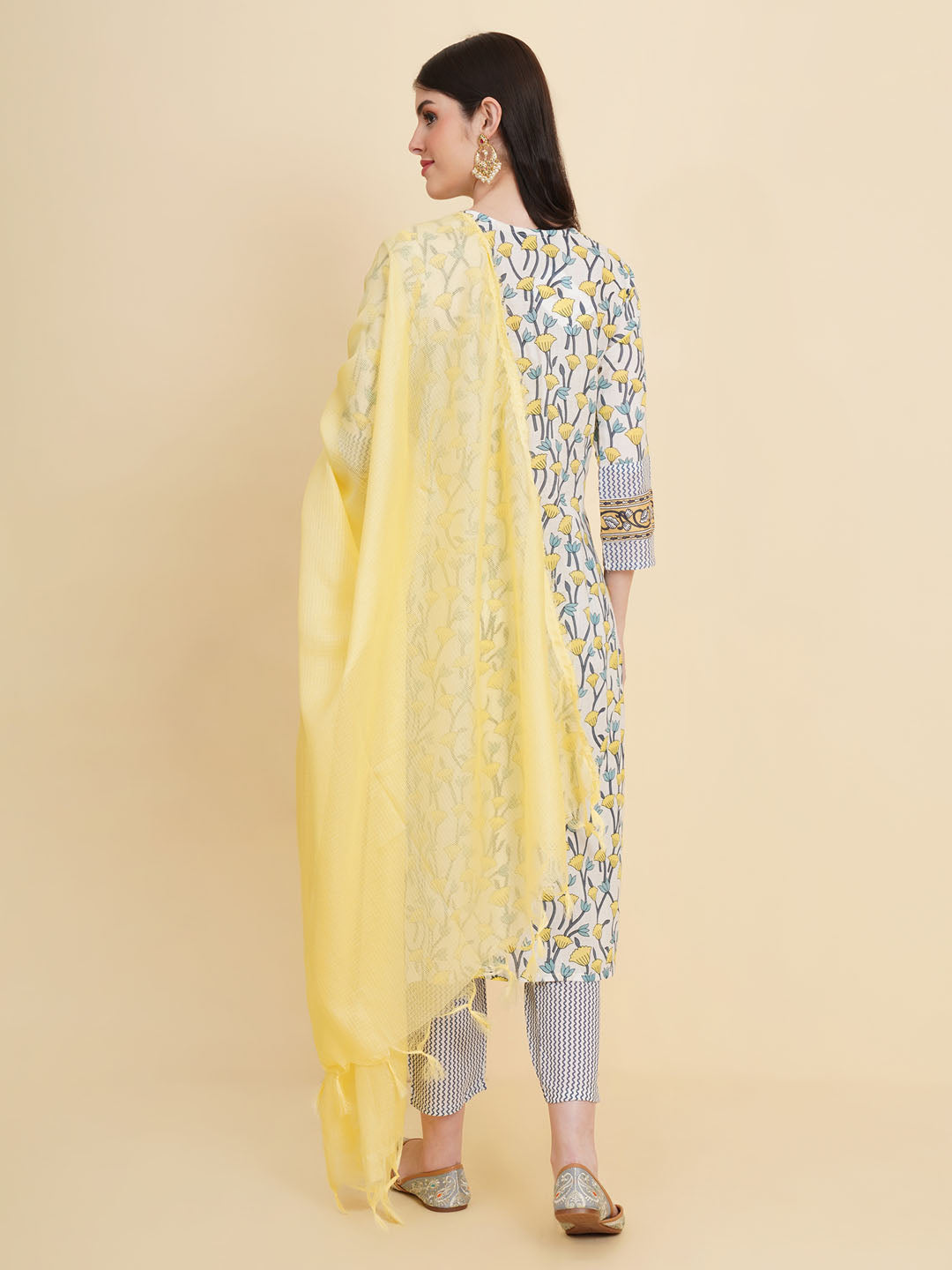Floral Printed Cotton Kurta With Pants &amp; Dupatta