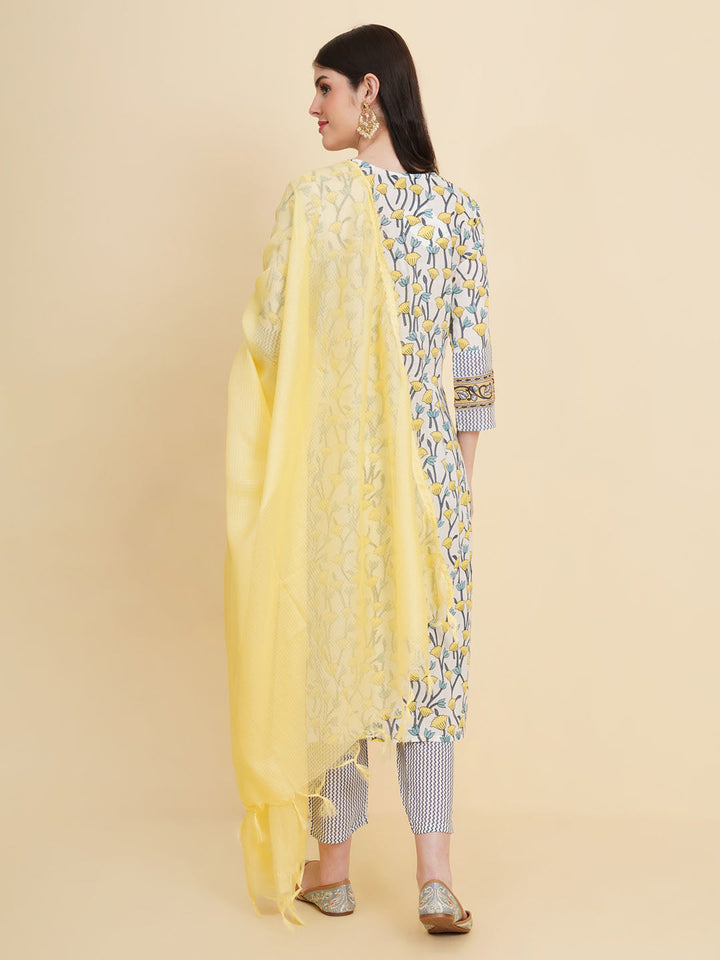 Floral Printed Cotton Kurta With Pants &amp; Dupatta