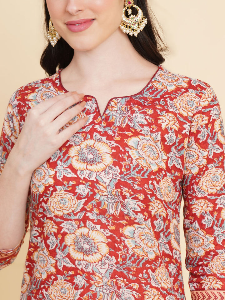Floral Printed Cotton Kurta With Pants &amp; Dupatta