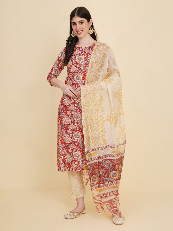 Floral Printed Cotton Kurta With Pants &amp; Dupatta