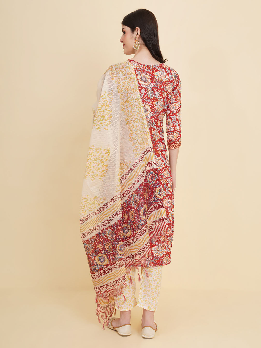Floral Printed Cotton Kurta With Pants &amp; Dupatta
