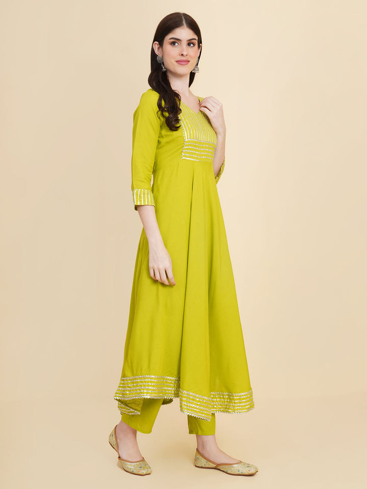 Gota Patti Cotton Anarkali Kurta With Pants &amp; Dupatta