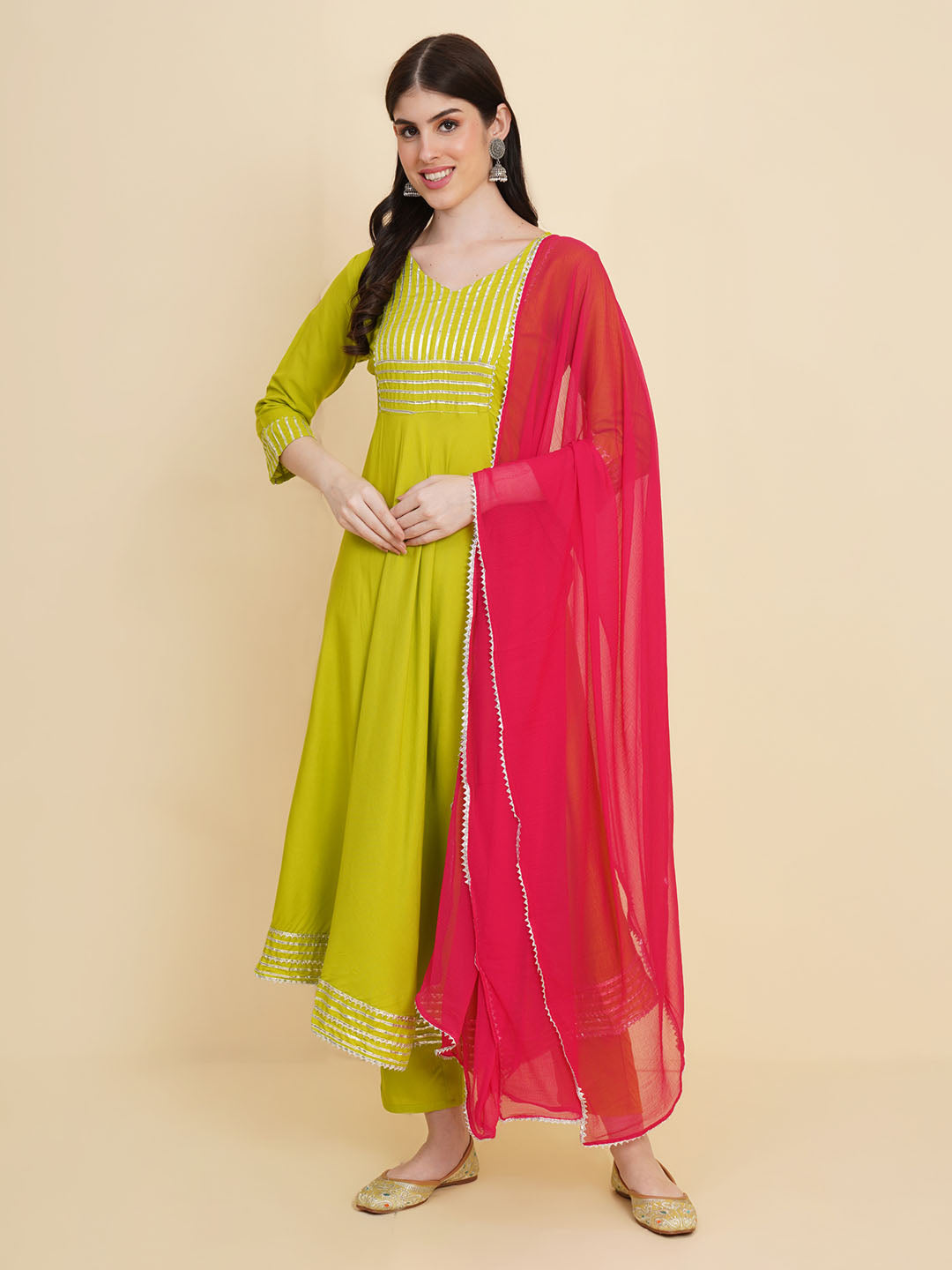 Gota Patti Cotton Anarkali Kurta With Pants &amp; Dupatta