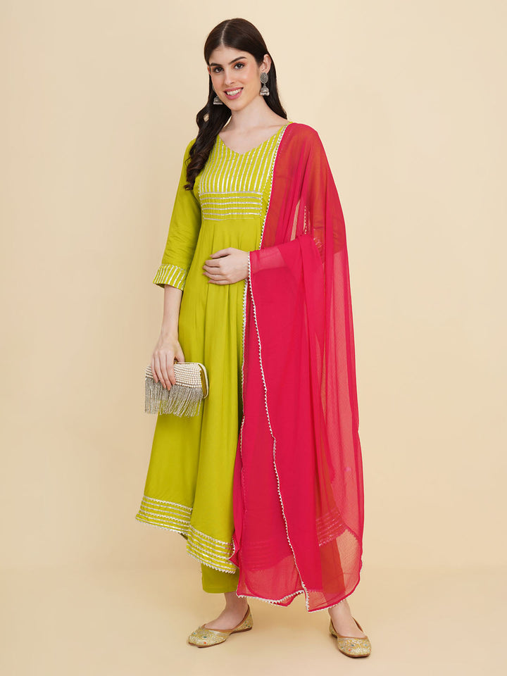 Gota Patti Cotton Anarkali Kurta With Pants &amp; Dupatta
