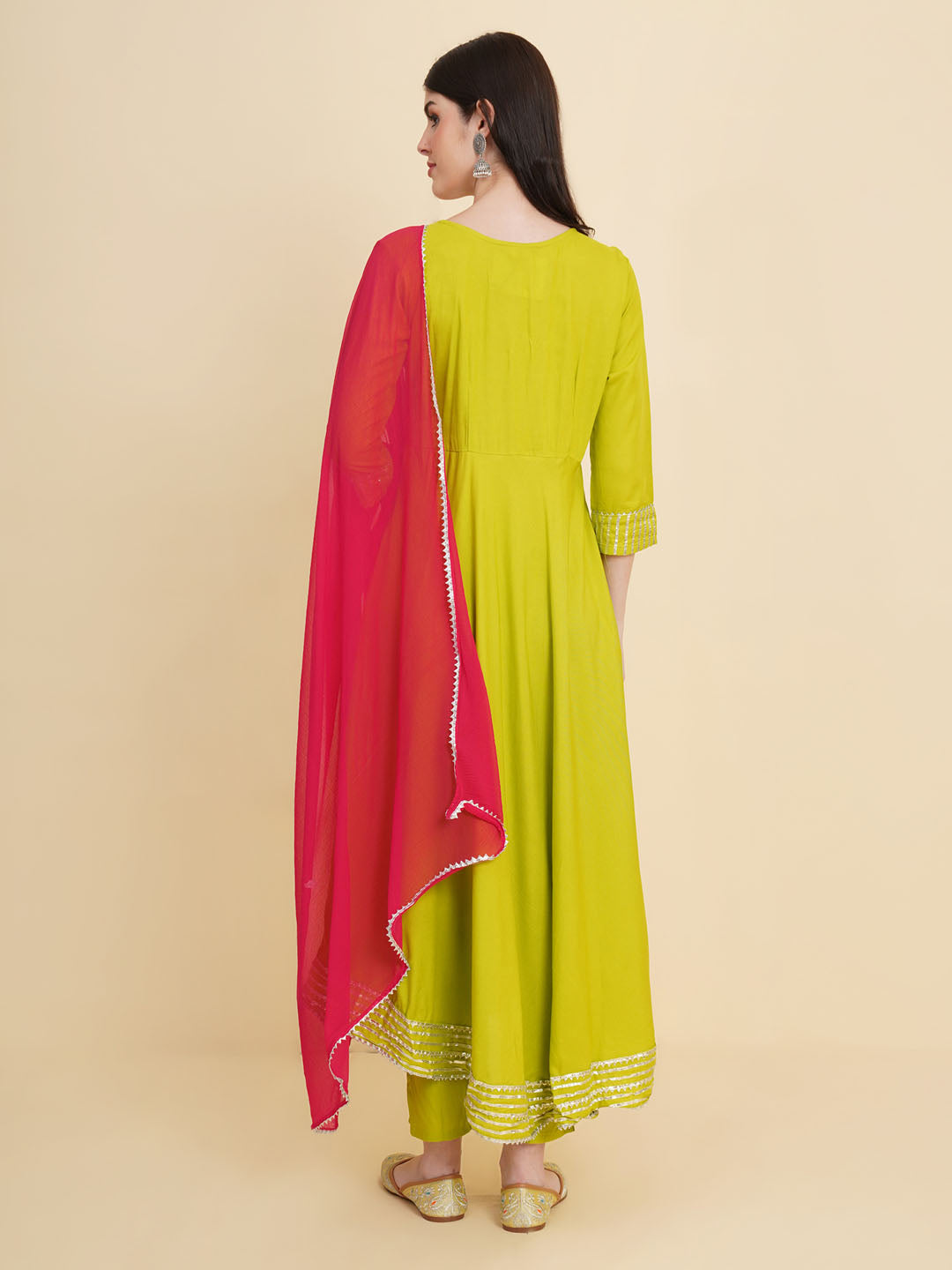 Gota Patti Cotton Anarkali Kurta With Pants &amp; Dupatta