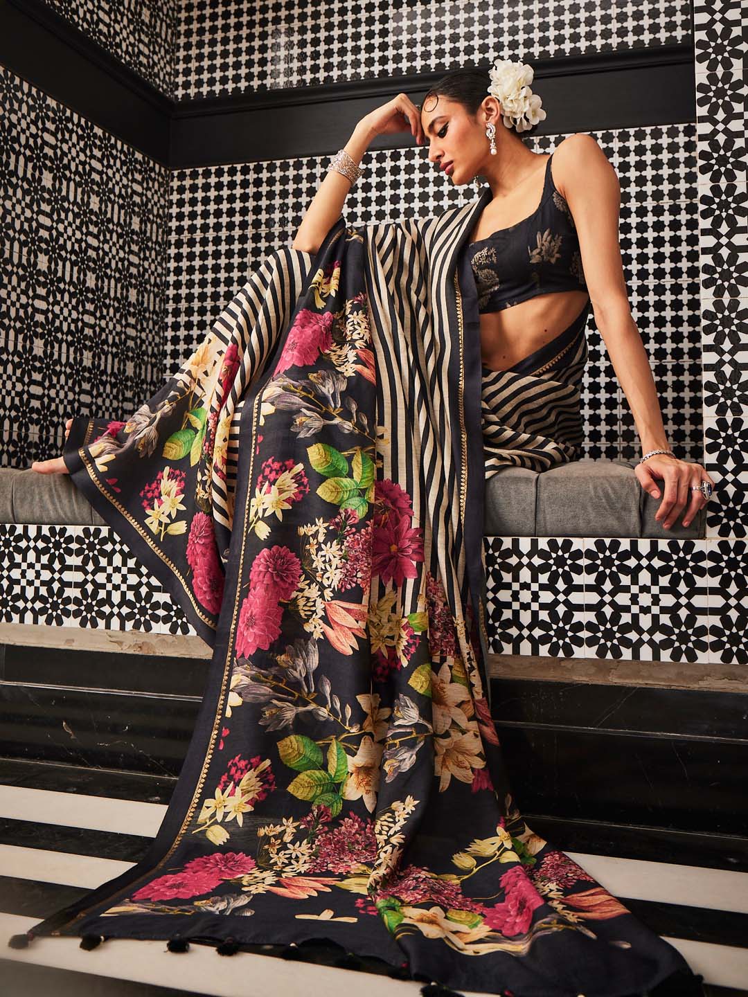 Digital Floral Printed Stripes Tussar Saree