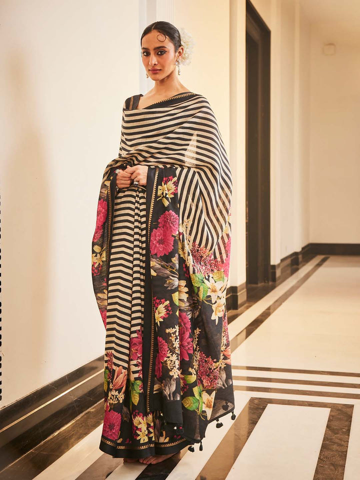 Digital Floral Printed Stripes Tussar Saree