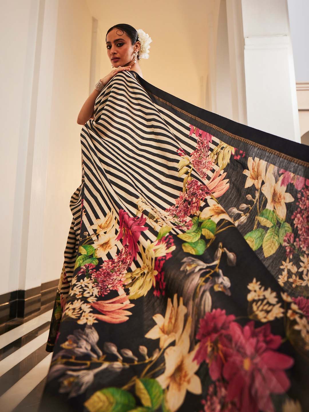 Digital Floral Printed Stripes Tussar Saree