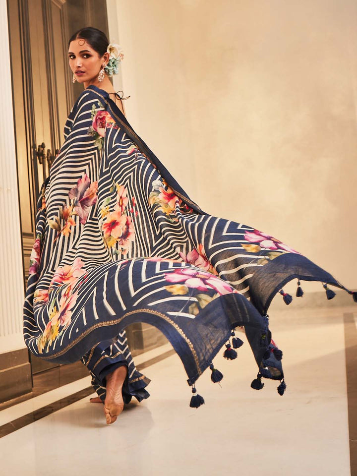 Floral Printed Leheriya Fusion Tussar Saree