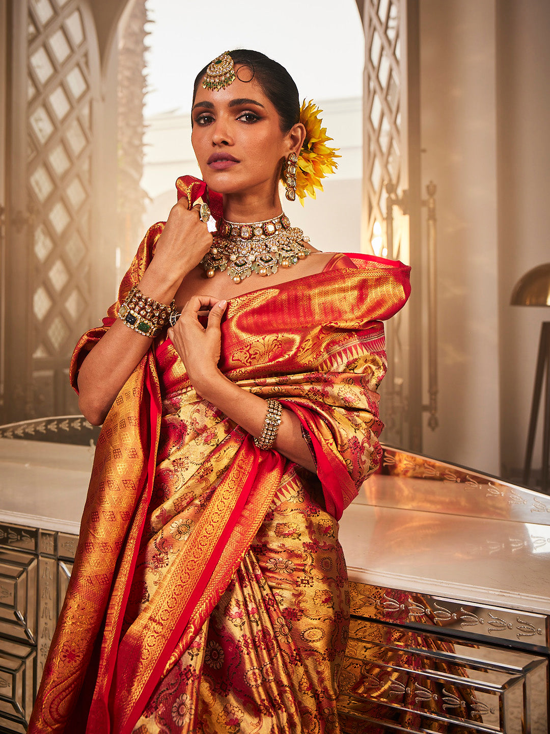 Golden Kanjeevaram Woven Handloom Saree