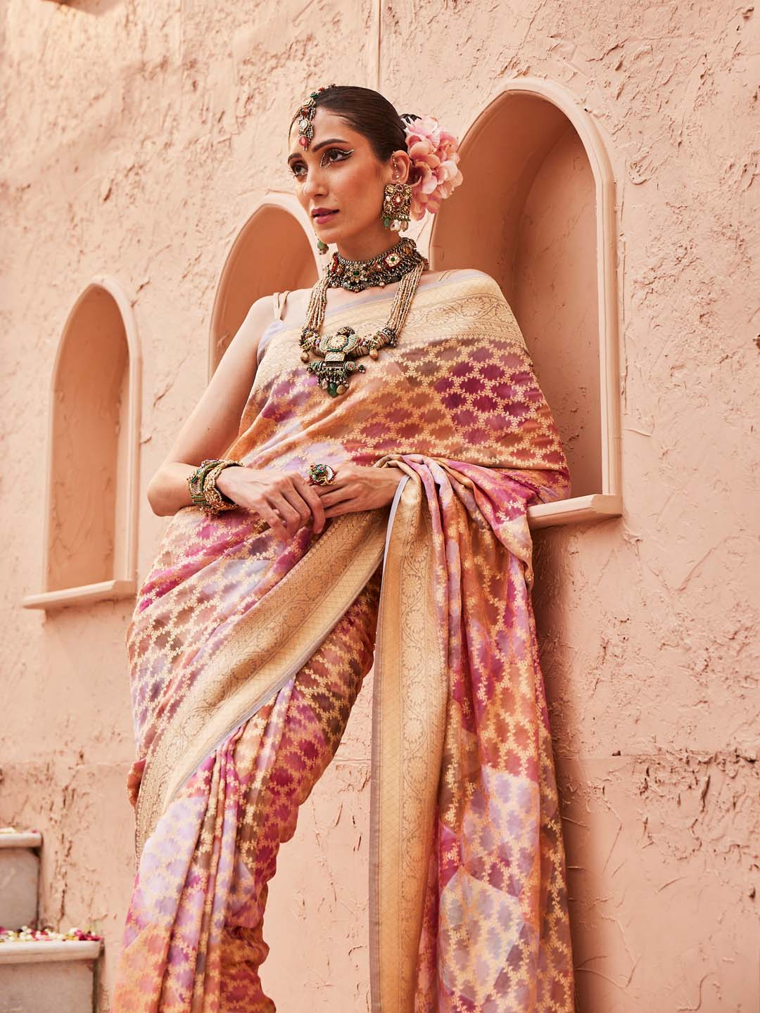 Digital Floral Zari Printed &amp; Woven Banarsi Saree