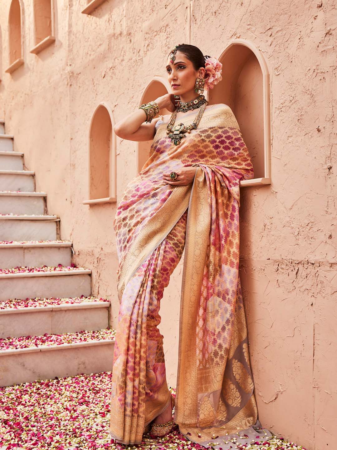 Digital Floral Zari Printed &amp; Woven Banarsi Saree