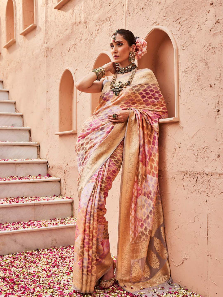 Digital Floral Zari Printed &amp; Woven Banarsi Saree