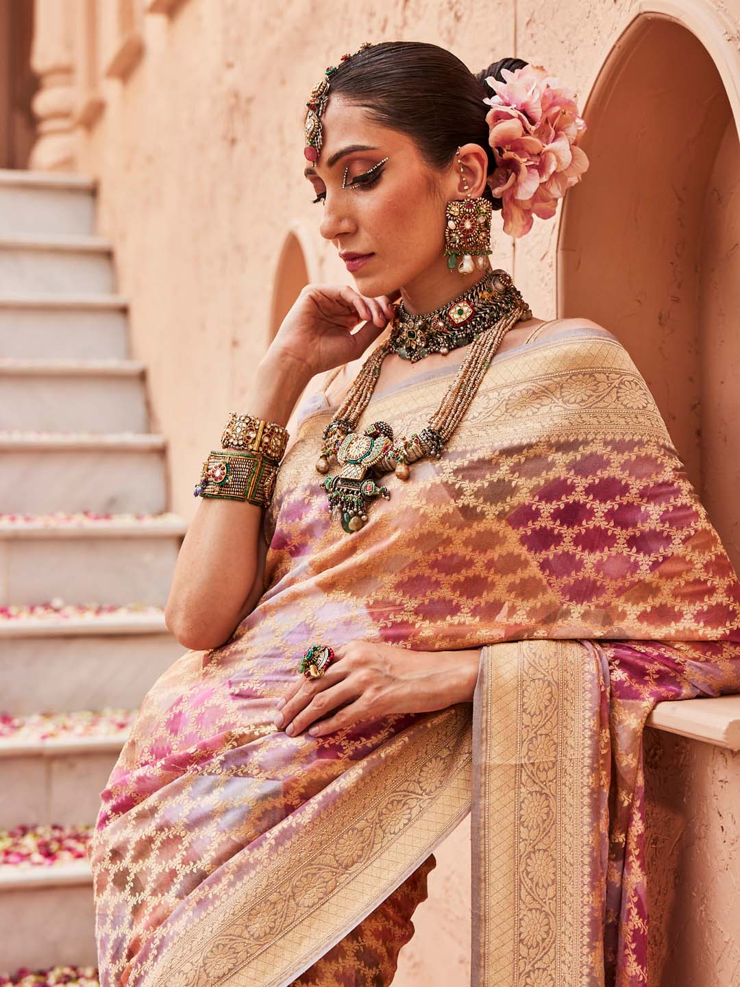 Digital Floral Zari Printed &amp; Woven Banarsi Saree