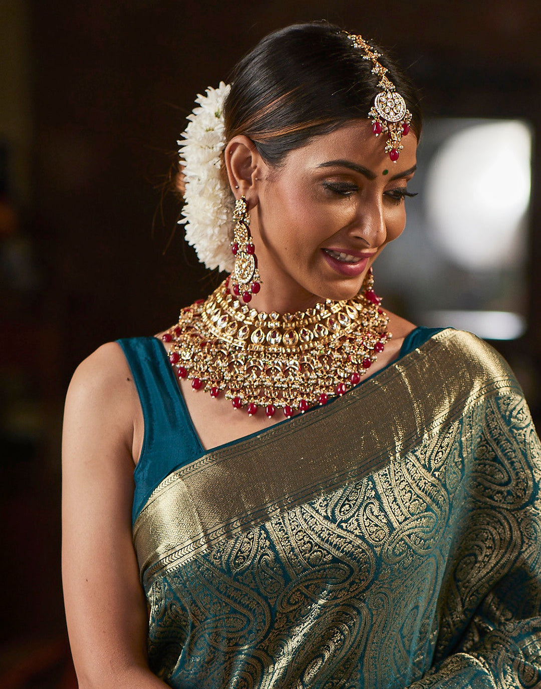 MBZ Meena Bazaar-Heavy Kundan Polki with Ruby Stone Bridal Set with Maang Tikka