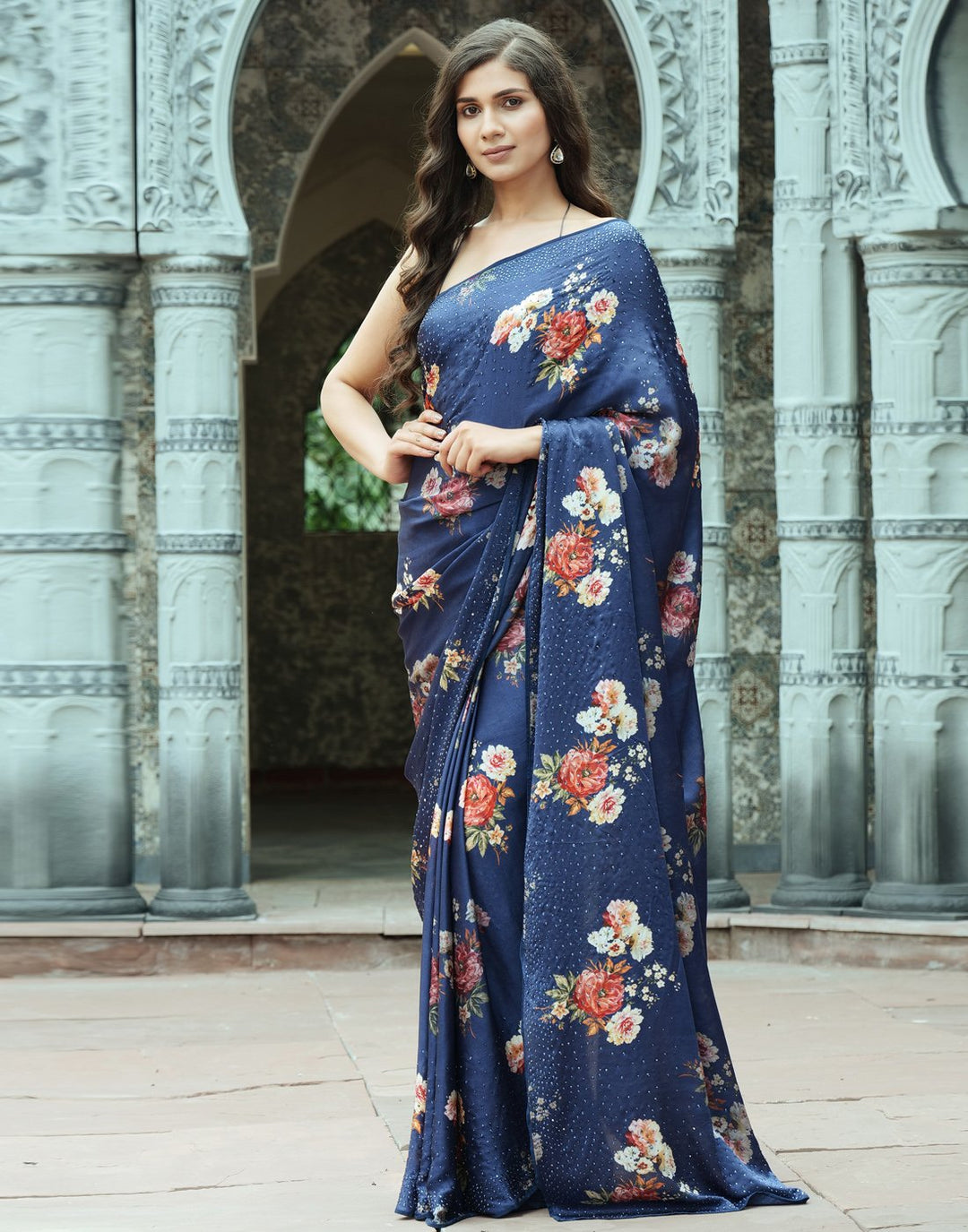Digital Floral Printed Crepe Saree with Stone Work