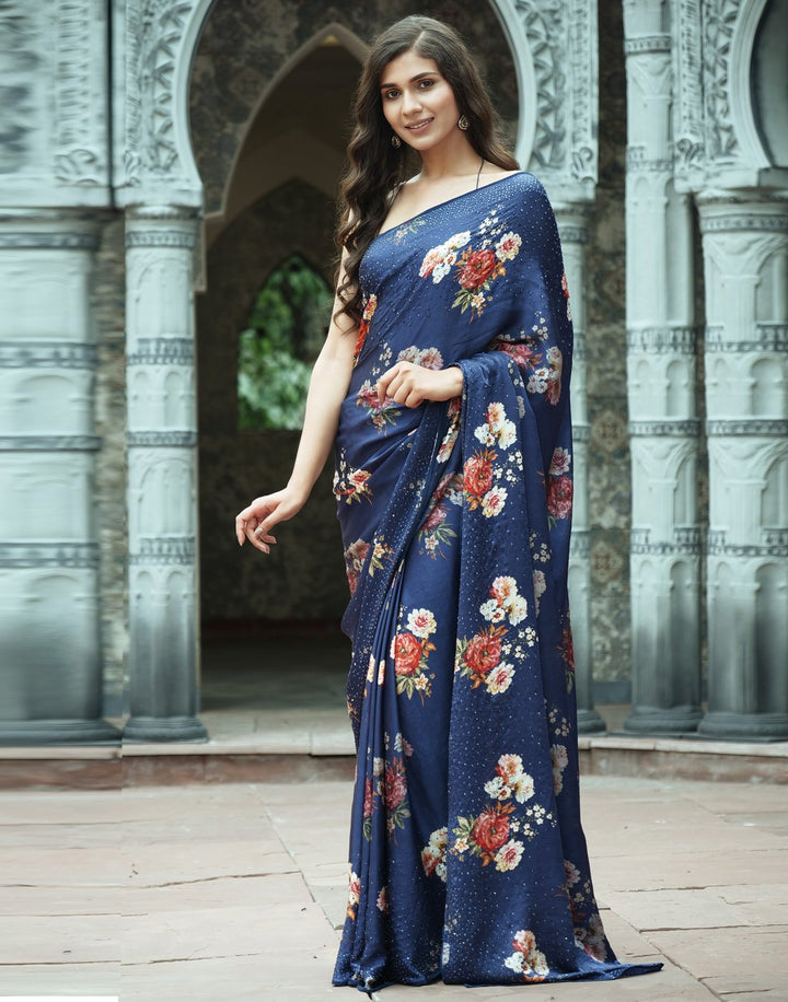 Digital Floral Printed Crepe Saree with Stone Work