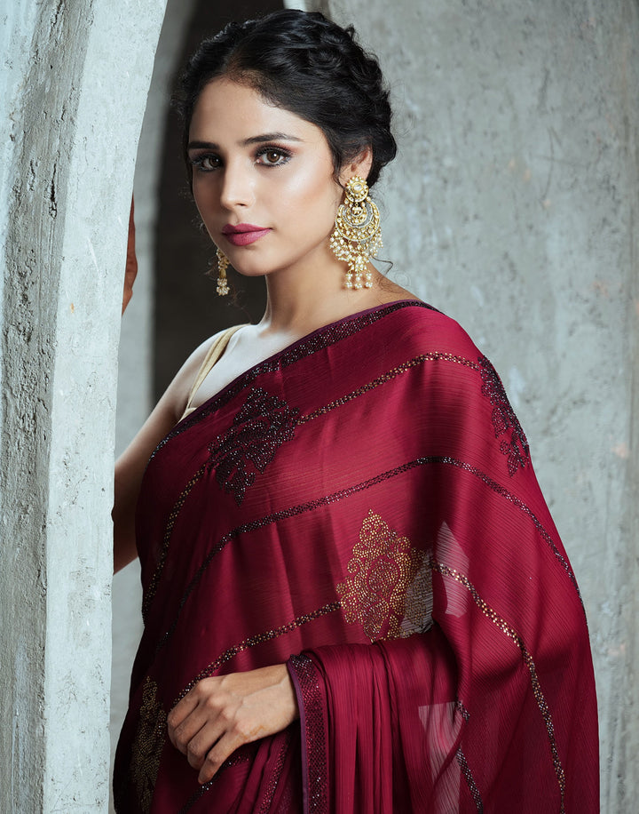 Zari Border Booti Chiffon Plain Saree