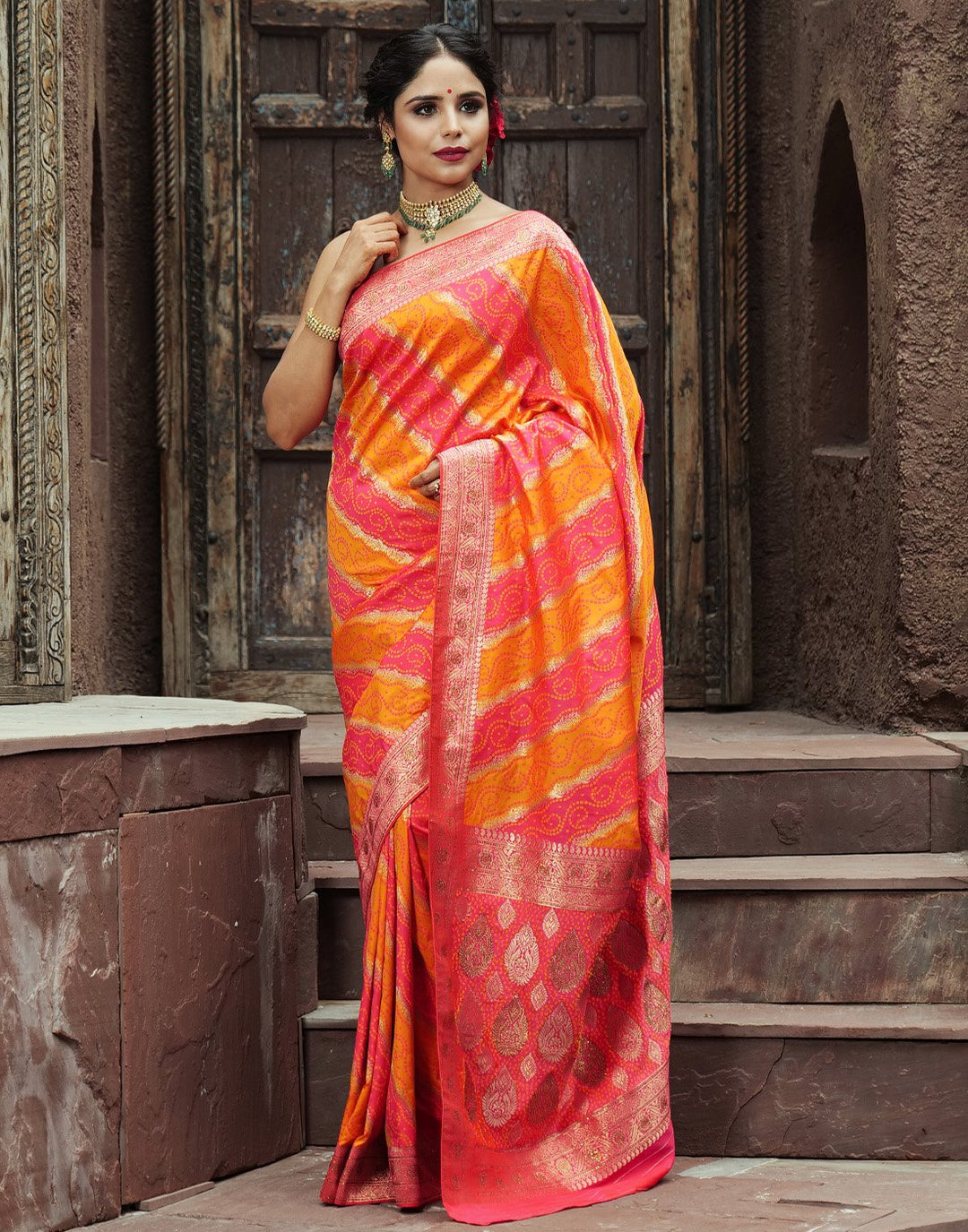Banarasi Silk Saree with Bandhej look